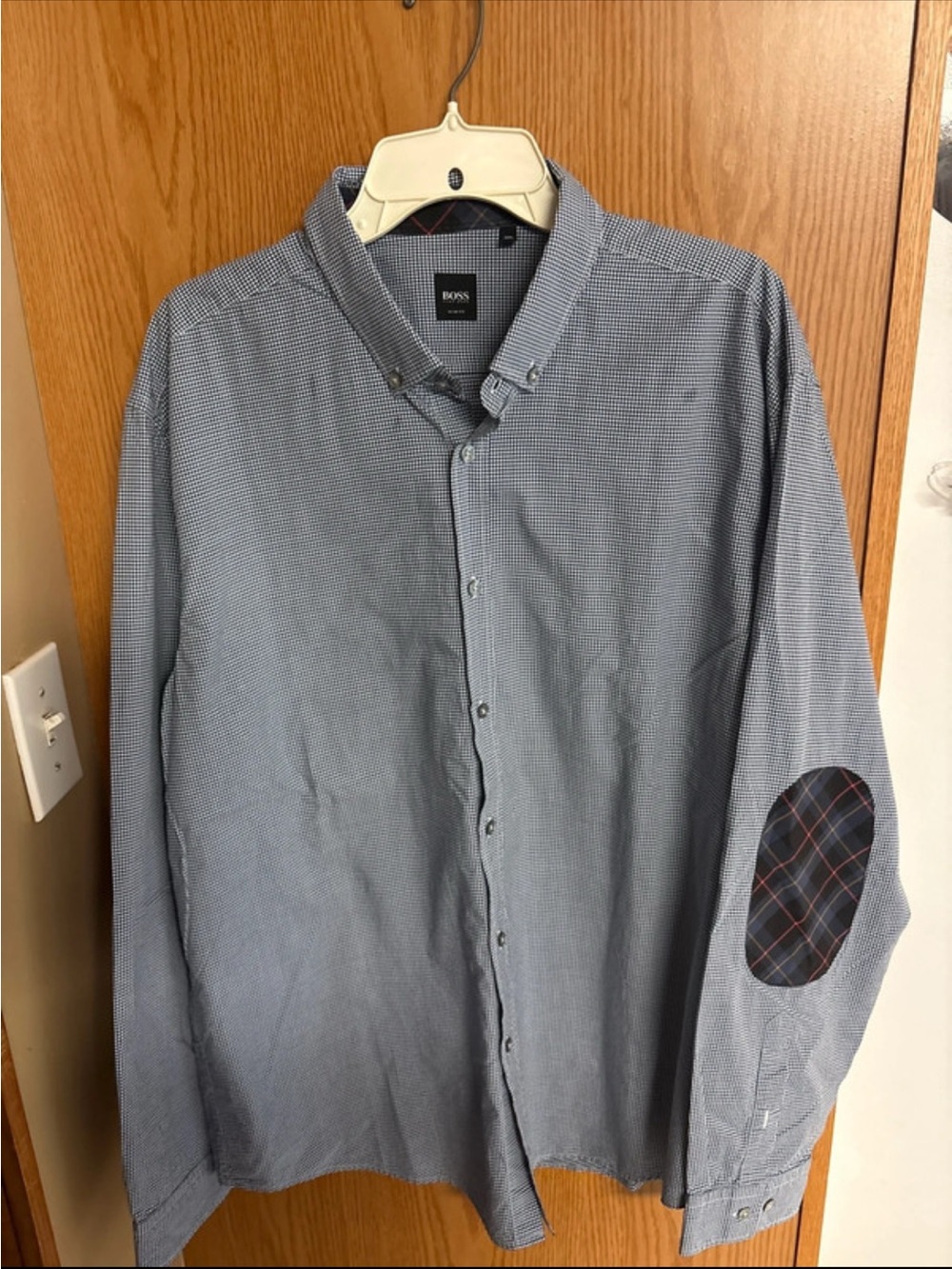 BOSS Men’s Light Blue Micro-Check Button-Down Dress Shirt with Elbow Patch